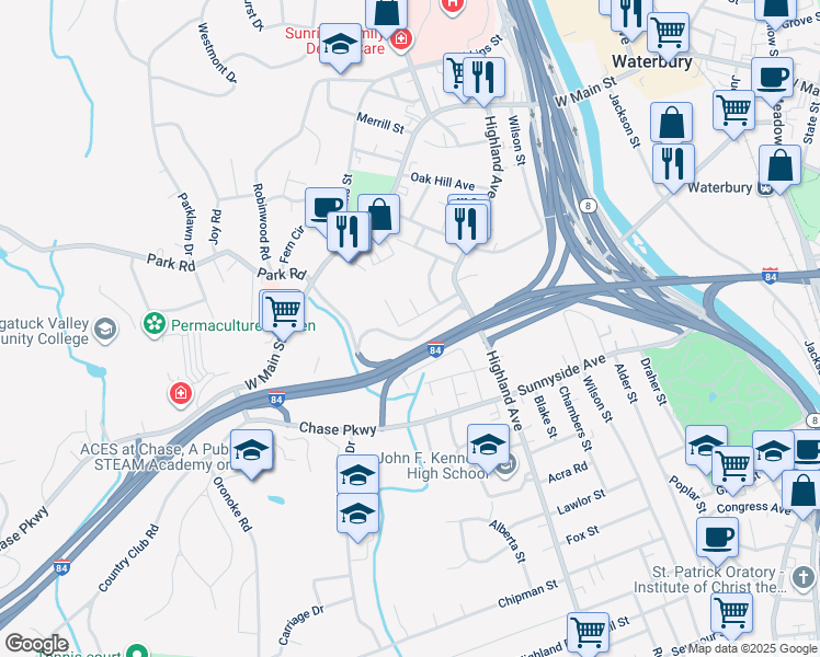 map of restaurants, bars, coffee shops, grocery stores, and more near 77 Vernon Street in Waterbury
