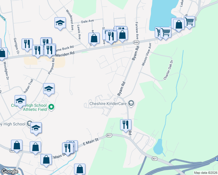map of restaurants, bars, coffee shops, grocery stores, and more near 357 Hitchcock Road in Waterbury