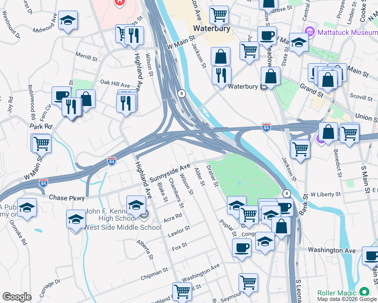 map of restaurants, bars, coffee shops, grocery stores, and more near 157 Park Terrace in Waterbury