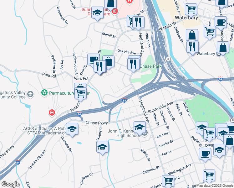 map of restaurants, bars, coffee shops, grocery stores, and more near 77 Vernon Street in Waterbury