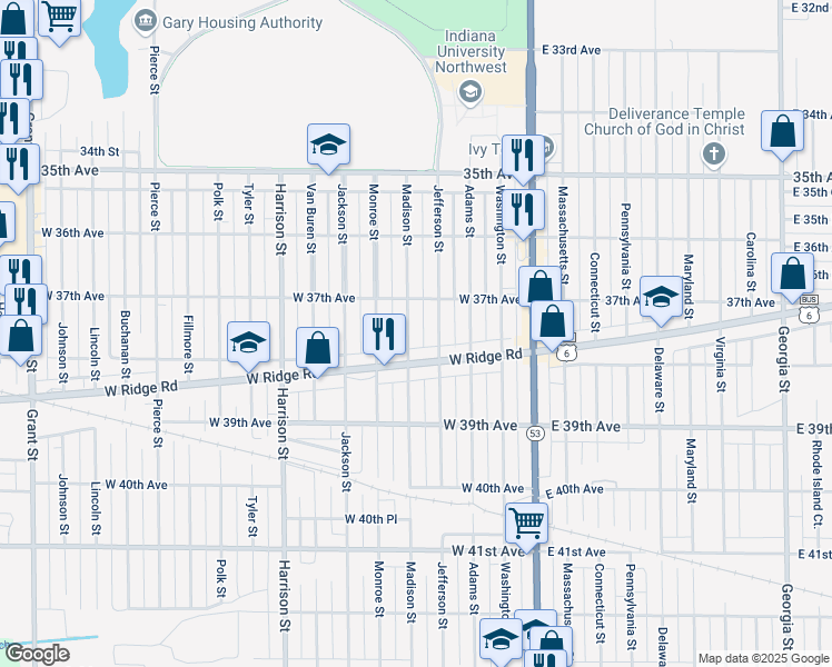 map of restaurants, bars, coffee shops, grocery stores, and more near 3768 Jefferson Street in Gary