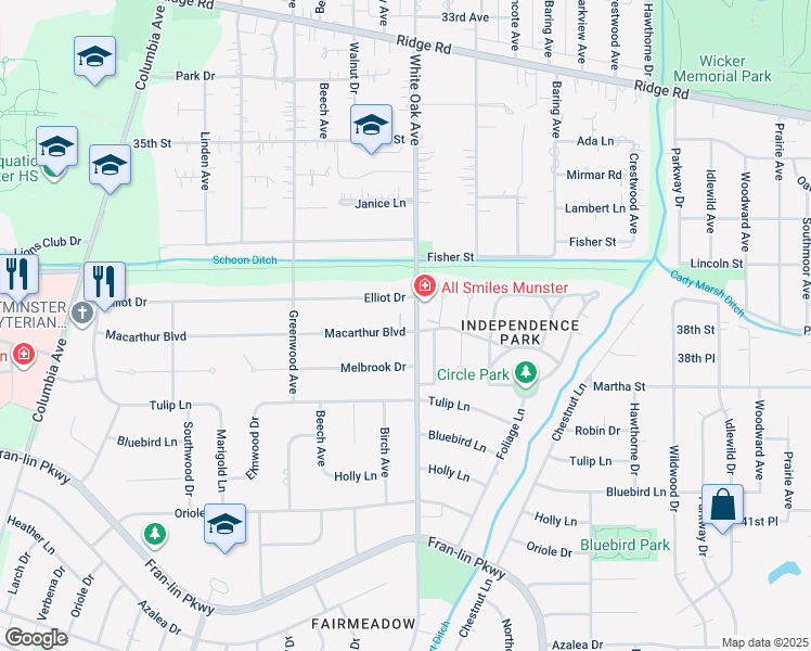 map of restaurants, bars, coffee shops, grocery stores, and more near 1548 Macarthur Boulevard in Munster