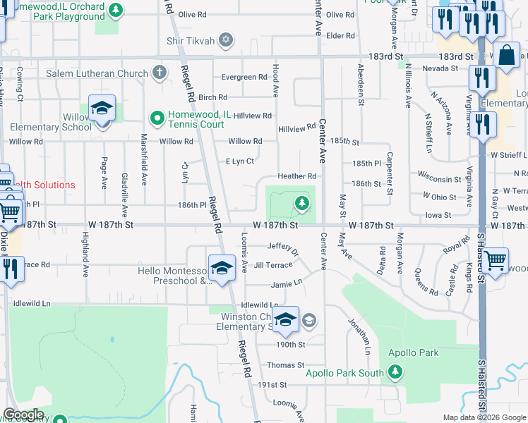 map of restaurants, bars, coffee shops, grocery stores, and more near 1343 Heather Road in Homewood