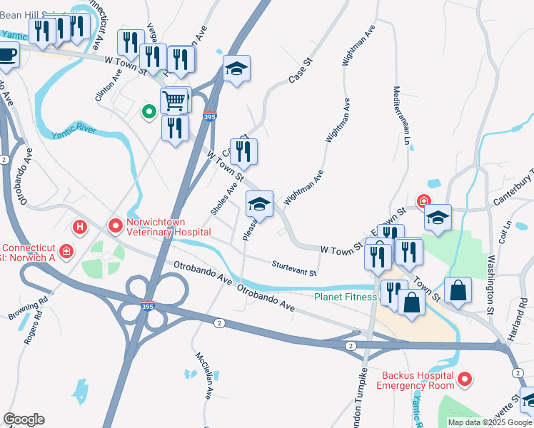 map of restaurants, bars, coffee shops, grocery stores, and more near 80 West Town Street in Norwich