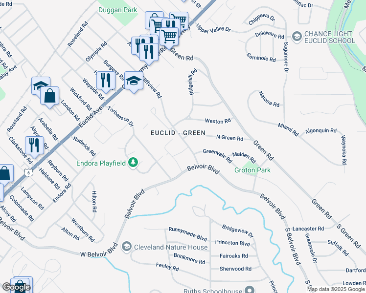 map of restaurants, bars, coffee shops, grocery stores, and more near 2024 Cliffview Road in Cleveland