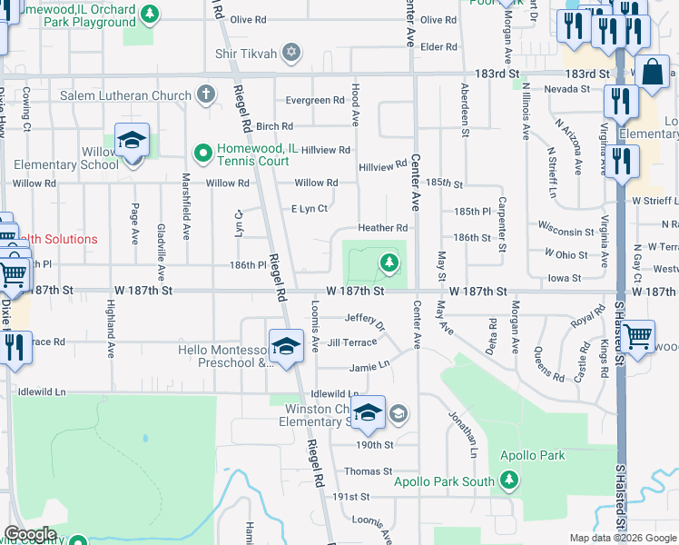 map of restaurants, bars, coffee shops, grocery stores, and more near 1343 Heather Road in Homewood