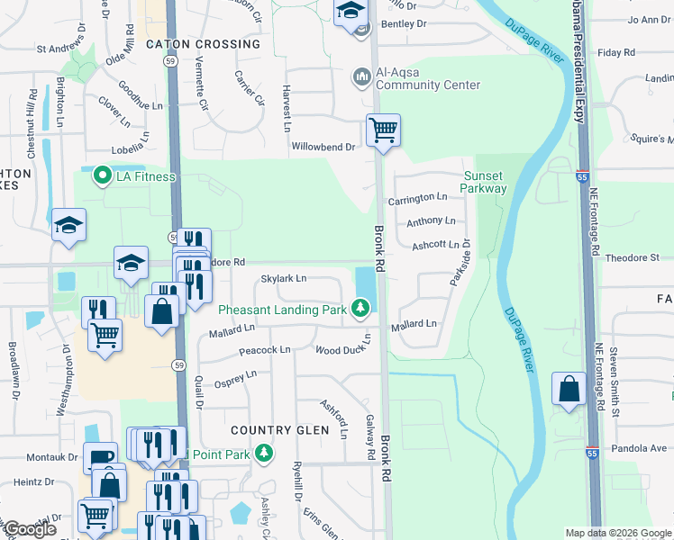 map of restaurants, bars, coffee shops, grocery stores, and more near 4503 Skylark Lane in Plainfield