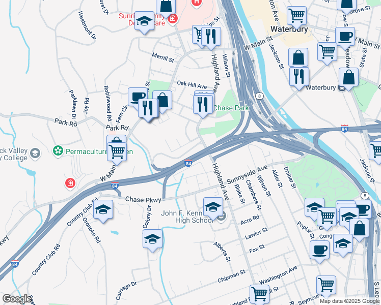 map of restaurants, bars, coffee shops, grocery stores, and more near 129 Highland Avenue in Waterbury