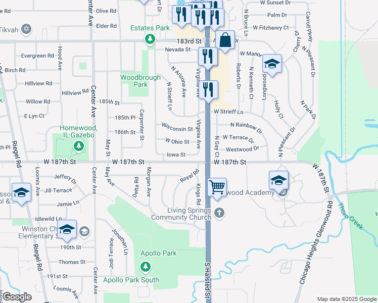 map of restaurants, bars, coffee shops, grocery stores, and more near 1035 Iowa Street in Glenwood