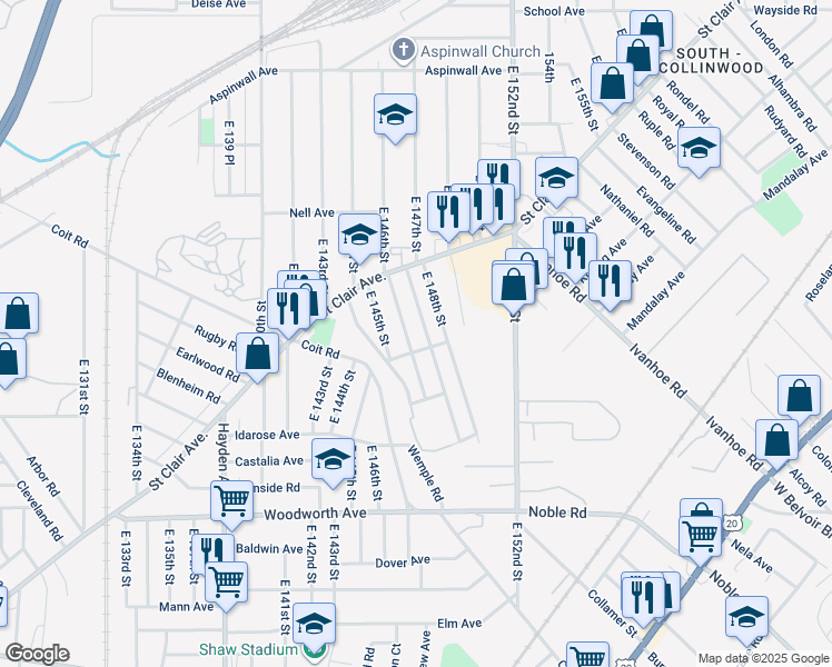 map of restaurants, bars, coffee shops, grocery stores, and more near 1059 East 146th Street in Cleveland