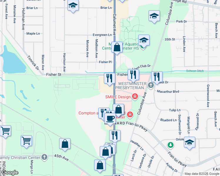 map of restaurants, bars, coffee shops, grocery stores, and more near 8940 Calumet Avenue in Munster