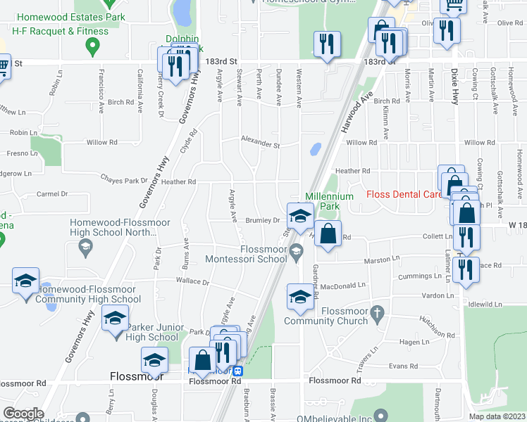map of restaurants, bars, coffee shops, grocery stores, and more near 639 Perth Avenue in Flossmoor