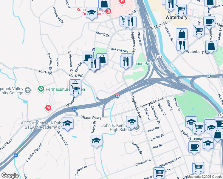 map of restaurants, bars, coffee shops, grocery stores, and more near 77 Vernon Street in Waterbury