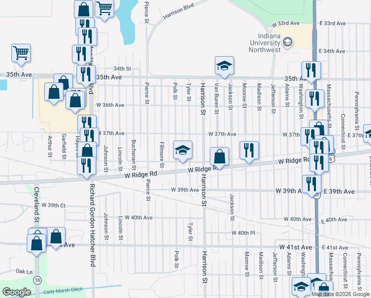 map of restaurants, bars, coffee shops, grocery stores, and more near 3773 Polk Street in Gary