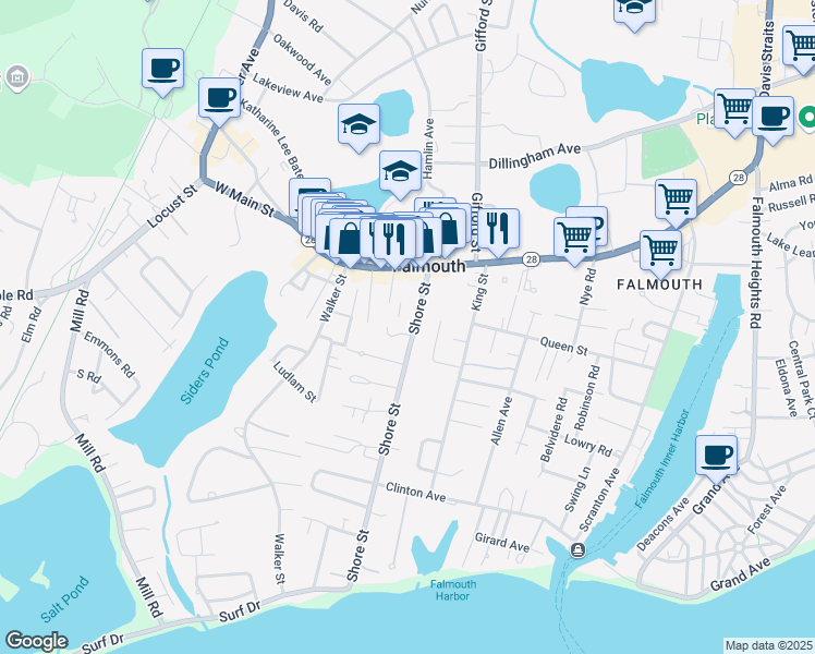 map of restaurants, bars, coffee shops, grocery stores, and more near 59 Shore Street in Falmouth