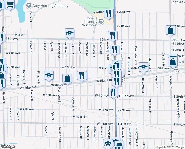 map of restaurants, bars, coffee shops, grocery stores, and more near 3746 Jefferson Street in Gary