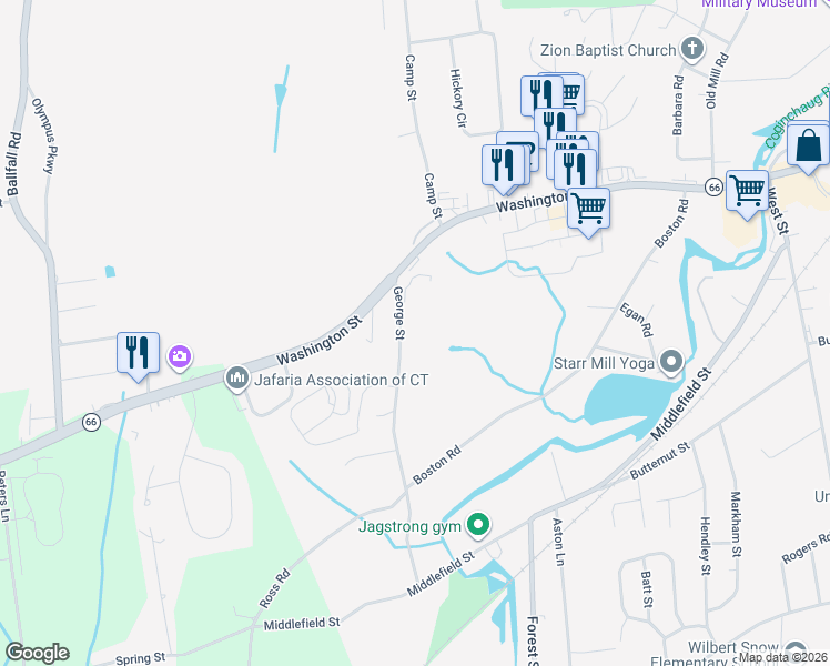 map of restaurants, bars, coffee shops, grocery stores, and more near 264 George Street in Middletown