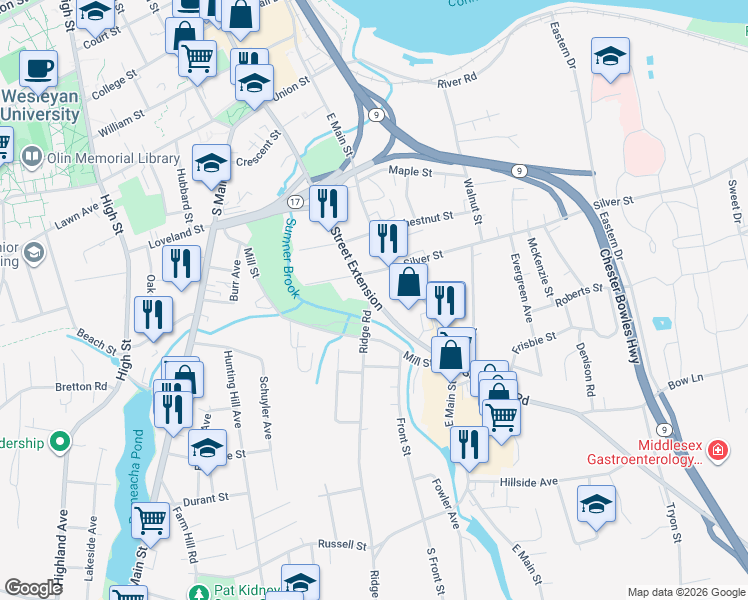 map of restaurants, bars, coffee shops, grocery stores, and more near 260 Main Street Extension in Middletown