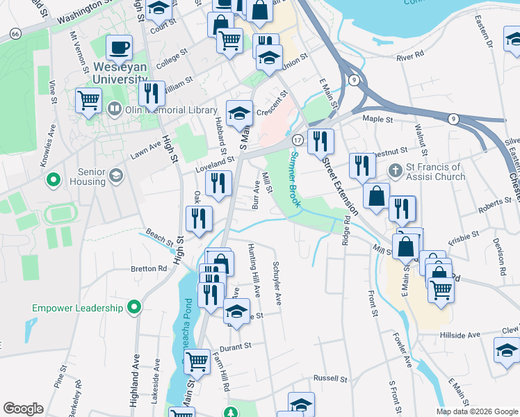 map of restaurants, bars, coffee shops, grocery stores, and more near 64 Burr Avenue in Middletown