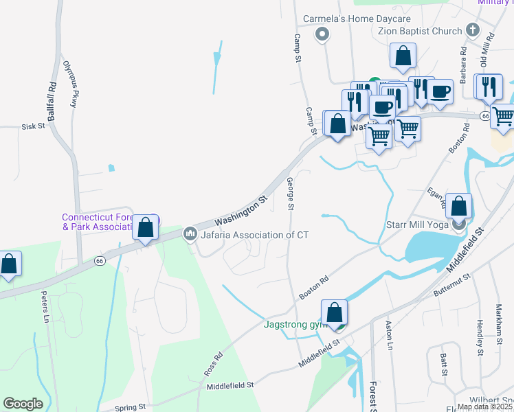 map of restaurants, bars, coffee shops, grocery stores, and more near 1151 Washington Street in Middletown