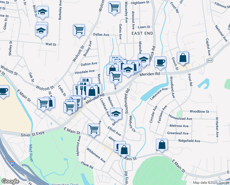 map of restaurants, bars, coffee shops, grocery stores, and more near 230 Meriden Road in Waterbury