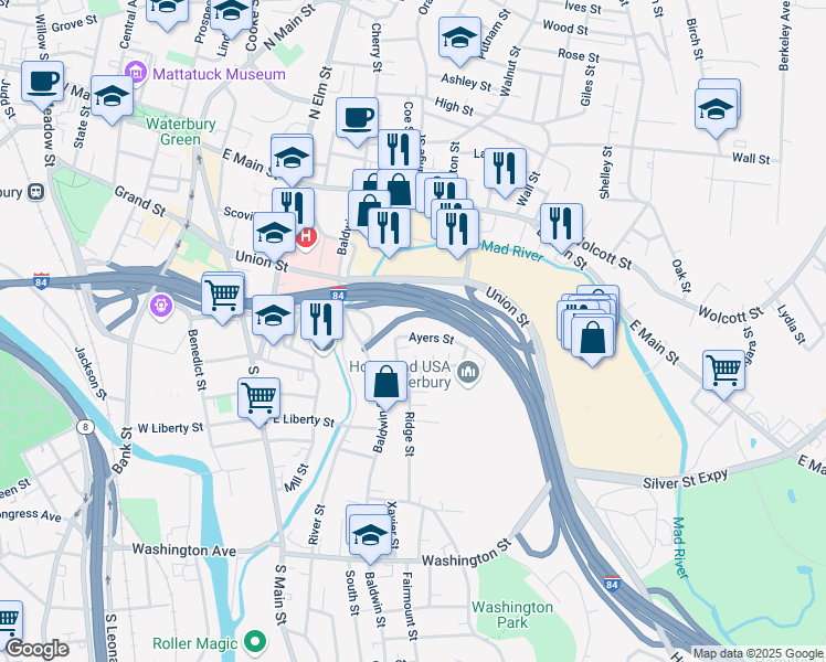 map of restaurants, bars, coffee shops, grocery stores, and more near 18 Brennan Place in Waterbury