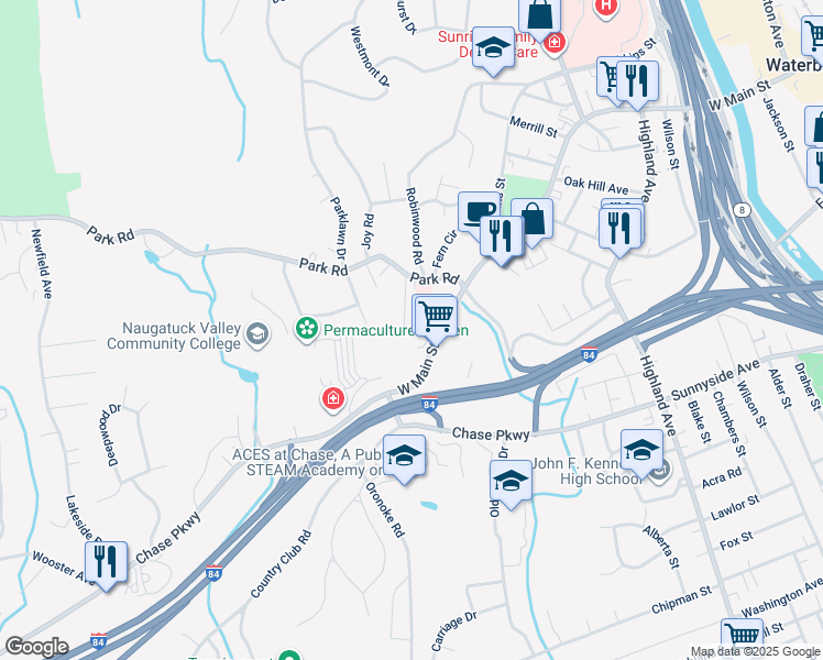 map of restaurants, bars, coffee shops, grocery stores, and more near 1374 West Main Street in Waterbury