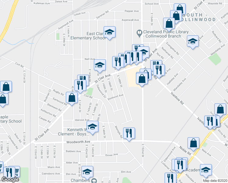 map of restaurants, bars, coffee shops, grocery stores, and more near 1074 East 147th Street in Cleveland