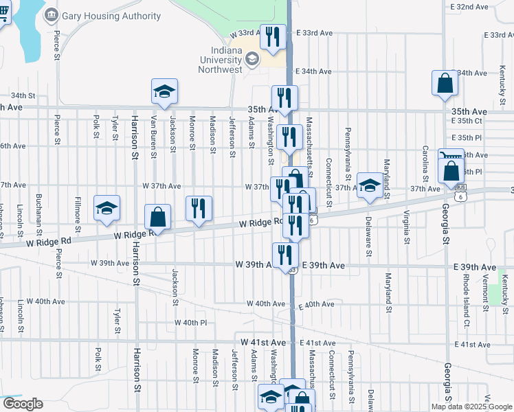 map of restaurants, bars, coffee shops, grocery stores, and more near 3764 Adams Street in Gary