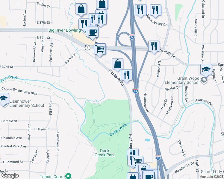 map of restaurants, bars, coffee shops, grocery stores, and more near 3300 East Kimberly Road in Davenport