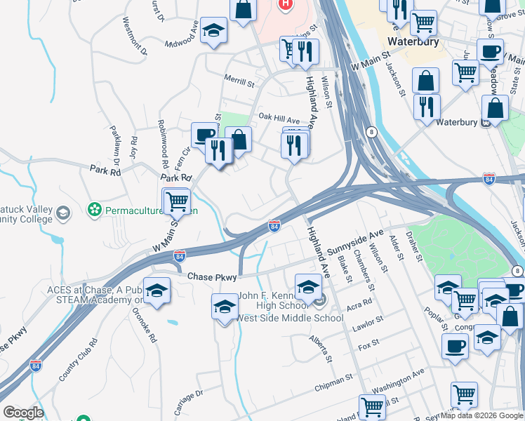 map of restaurants, bars, coffee shops, grocery stores, and more near 77 Vernon Street in Waterbury