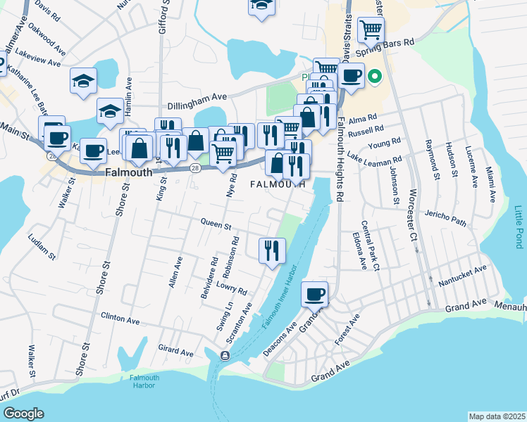 map of restaurants, bars, coffee shops, grocery stores, and more near 135 Scranton Avenue in Falmouth