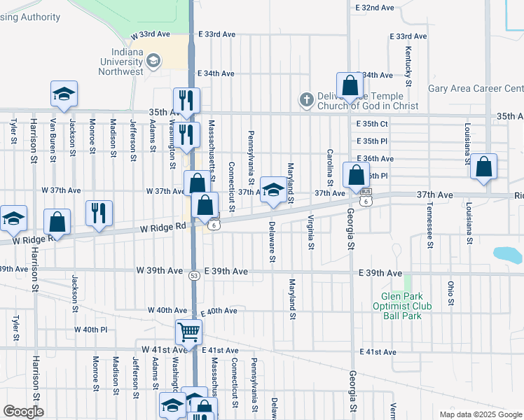 map of restaurants, bars, coffee shops, grocery stores, and more near 318 East Ridge Road in Gary