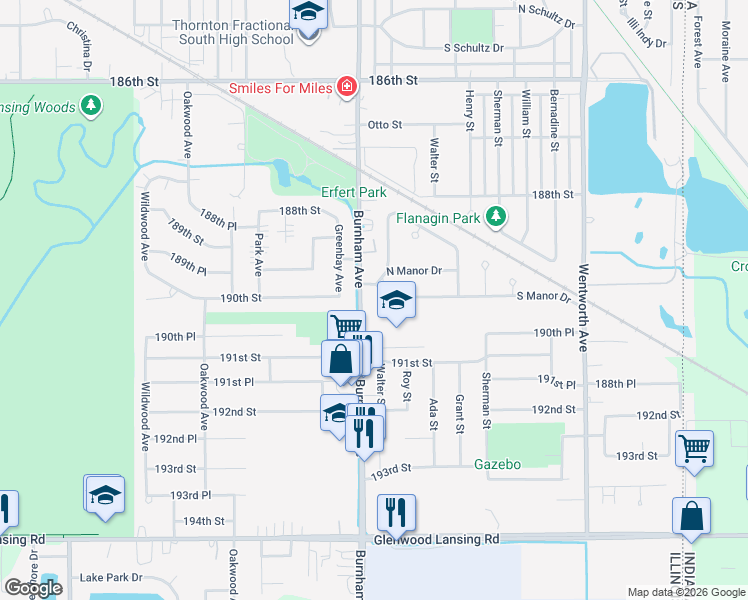 map of restaurants, bars, coffee shops, grocery stores, and more near 3235 South Manor Drive in Lansing