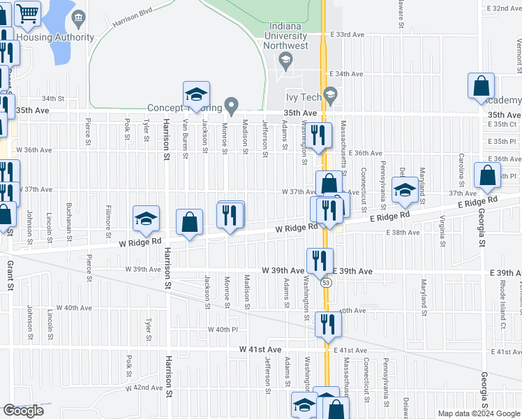 map of restaurants, bars, coffee shops, grocery stores, and more near 3742 Jefferson Street in Gary