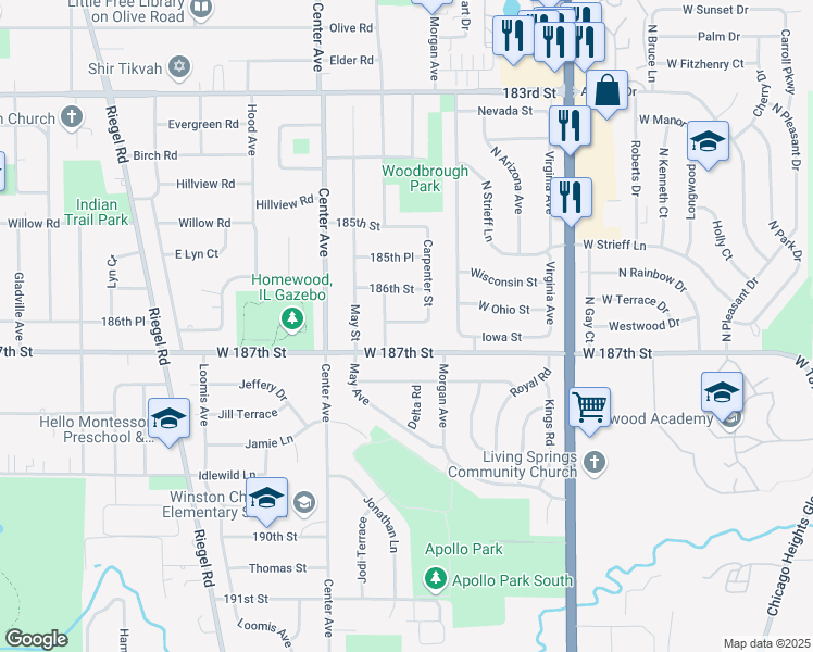 map of restaurants, bars, coffee shops, grocery stores, and more near 1030 West 187th Street in Homewood