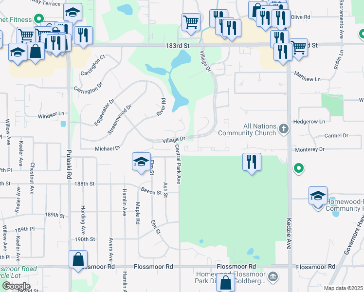 map of restaurants, bars, coffee shops, grocery stores, and more near 3535 Golfview Drive in Hazel Crest