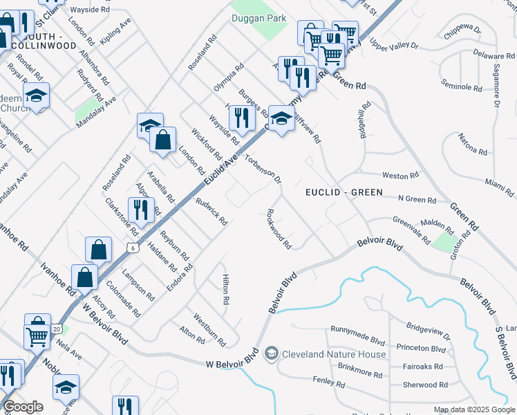 map of restaurants, bars, coffee shops, grocery stores, and more near 17602 Rook Circle in Cleveland