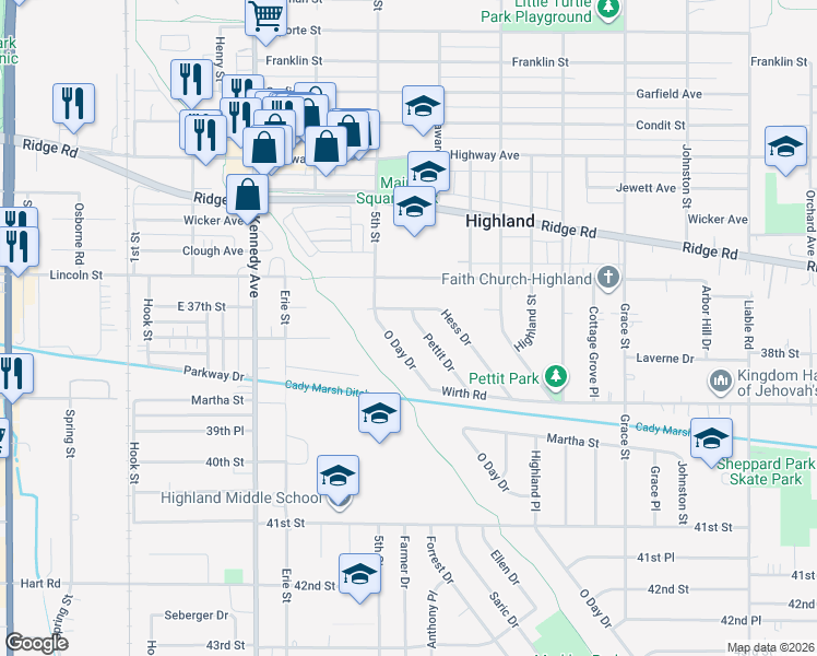 map of restaurants, bars, coffee shops, grocery stores, and more near 8951 O Day Drive in Highland