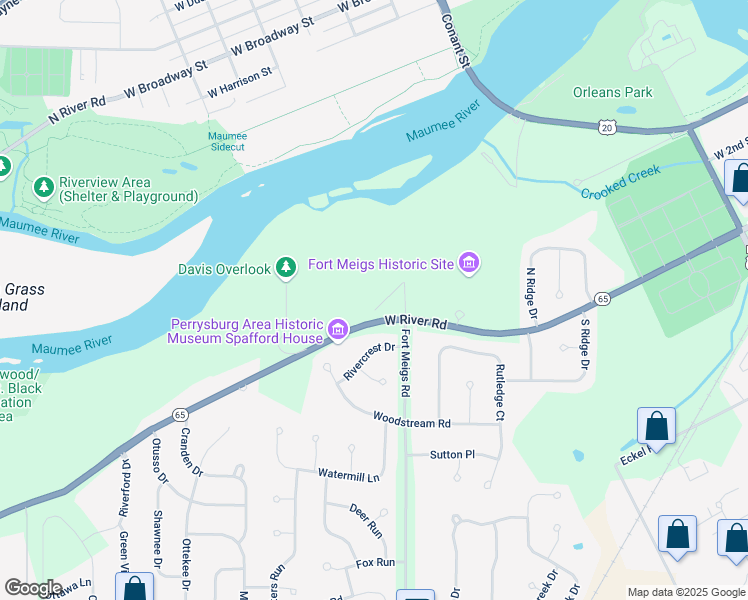 map of restaurants, bars, coffee shops, grocery stores, and more near 27459 Fort Meigs Road in Perrysburg