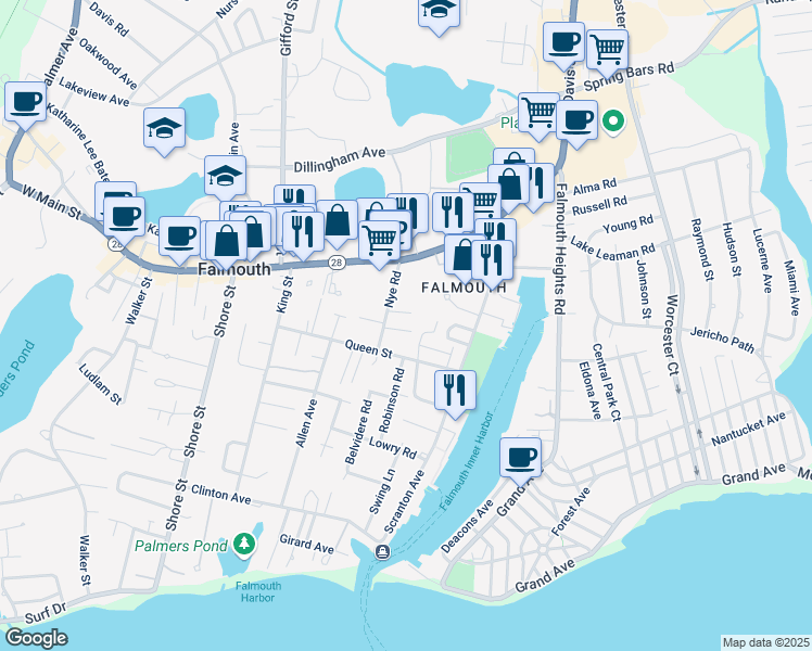 map of restaurants, bars, coffee shops, grocery stores, and more near 22 Wright Way in Falmouth