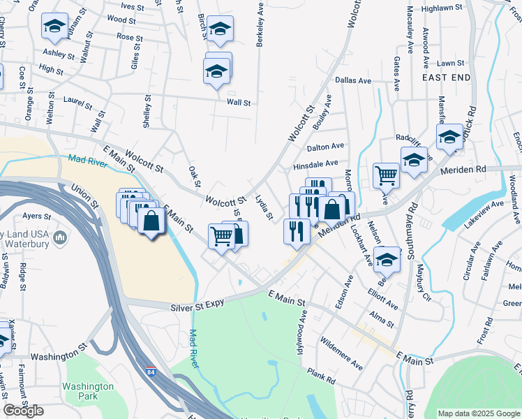 map of restaurants, bars, coffee shops, grocery stores, and more near 64 Niagara Street in Waterbury