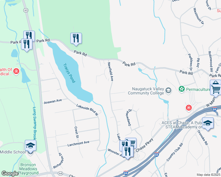 map of restaurants, bars, coffee shops, grocery stores, and more near 350 Lakeside Boulevard East in Waterbury