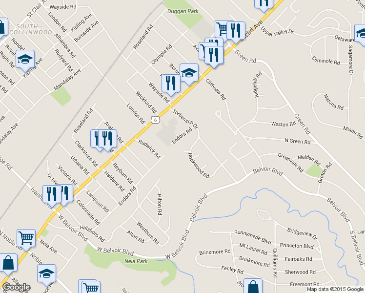 map of restaurants, bars, coffee shops, grocery stores, and more near 17602 Rook Circle in Cleveland