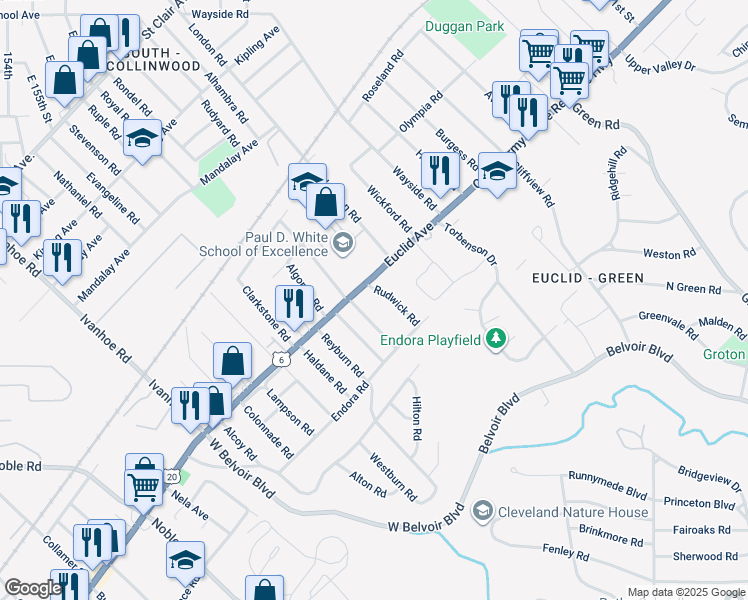 map of restaurants, bars, coffee shops, grocery stores, and more near 1842 Rudwick Road in Cleveland