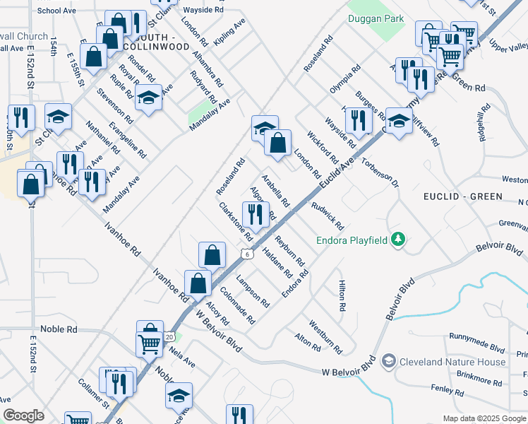 map of restaurants, bars, coffee shops, grocery stores, and more near 17121 Euclid Avenue in Cleveland