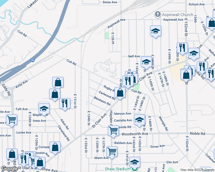 map of restaurants, bars, coffee shops, grocery stores, and more near 13814 Rugby Road in Cleveland