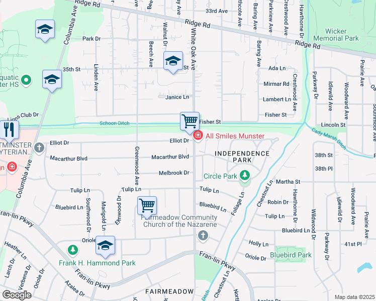 map of restaurants, bars, coffee shops, grocery stores, and more near 1548 Macarthur Boulevard in Munster