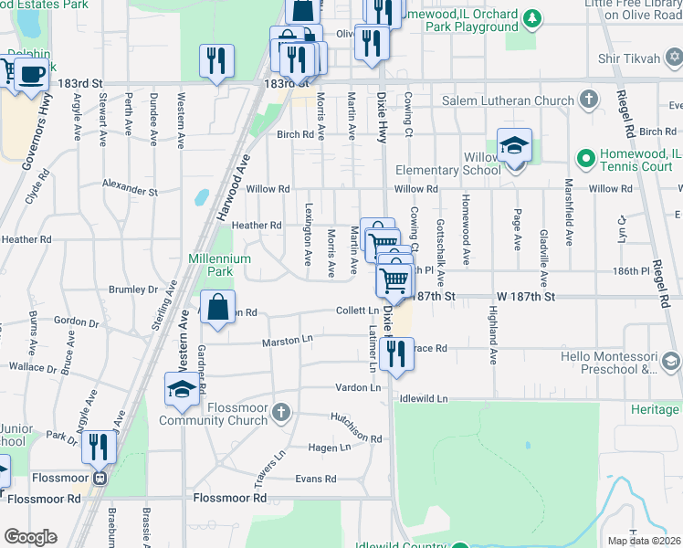 map of restaurants, bars, coffee shops, grocery stores, and more near 2063 Downey Road in Homewood