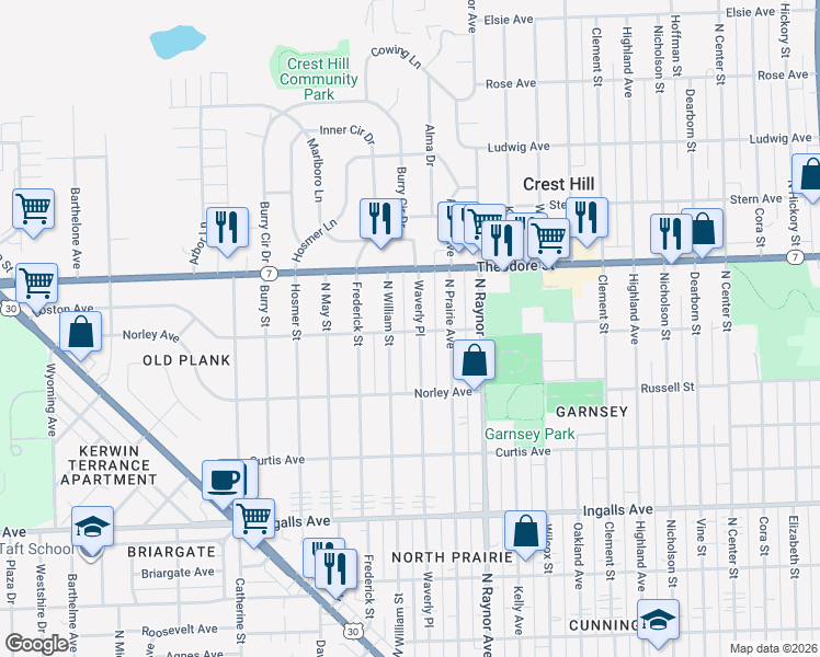 map of restaurants, bars, coffee shops, grocery stores, and more near 1422 Waverly Place in Joliet